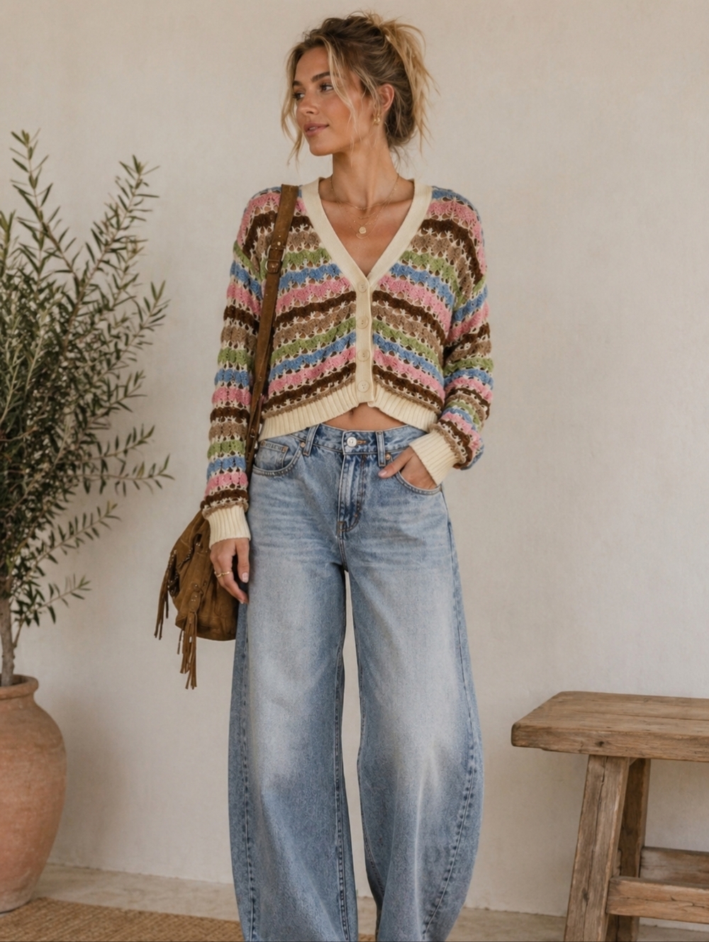 Ally Rainbow Cropped Bubble Knit Cardigan